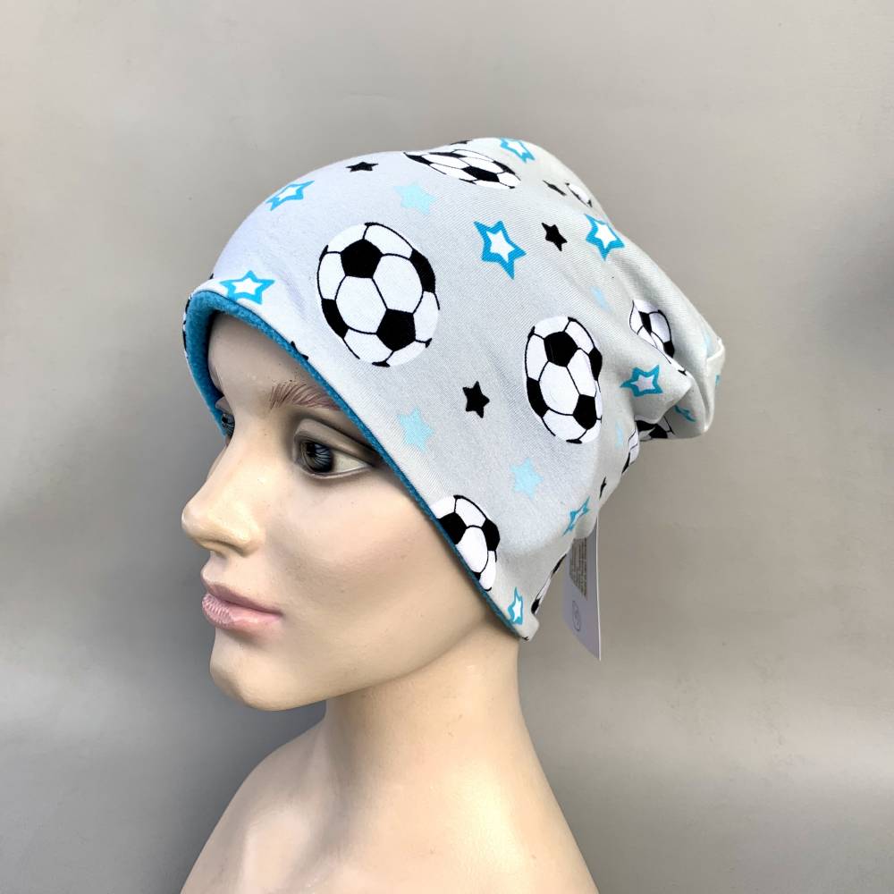 Kinder-Winter-Mütze, Long-Beanie für Jungs mit Fußball, warme Wendebeanie, Jersey mit Fleece gefüttert, Gr 53/54/55/56/5 Bild 2