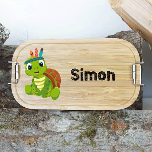 Lunchbox personalisiert, Brotdose für Kinder bedruckt mit Name, Brotbox für Kindergarten, Edelstahldose mit Bambusdeckel