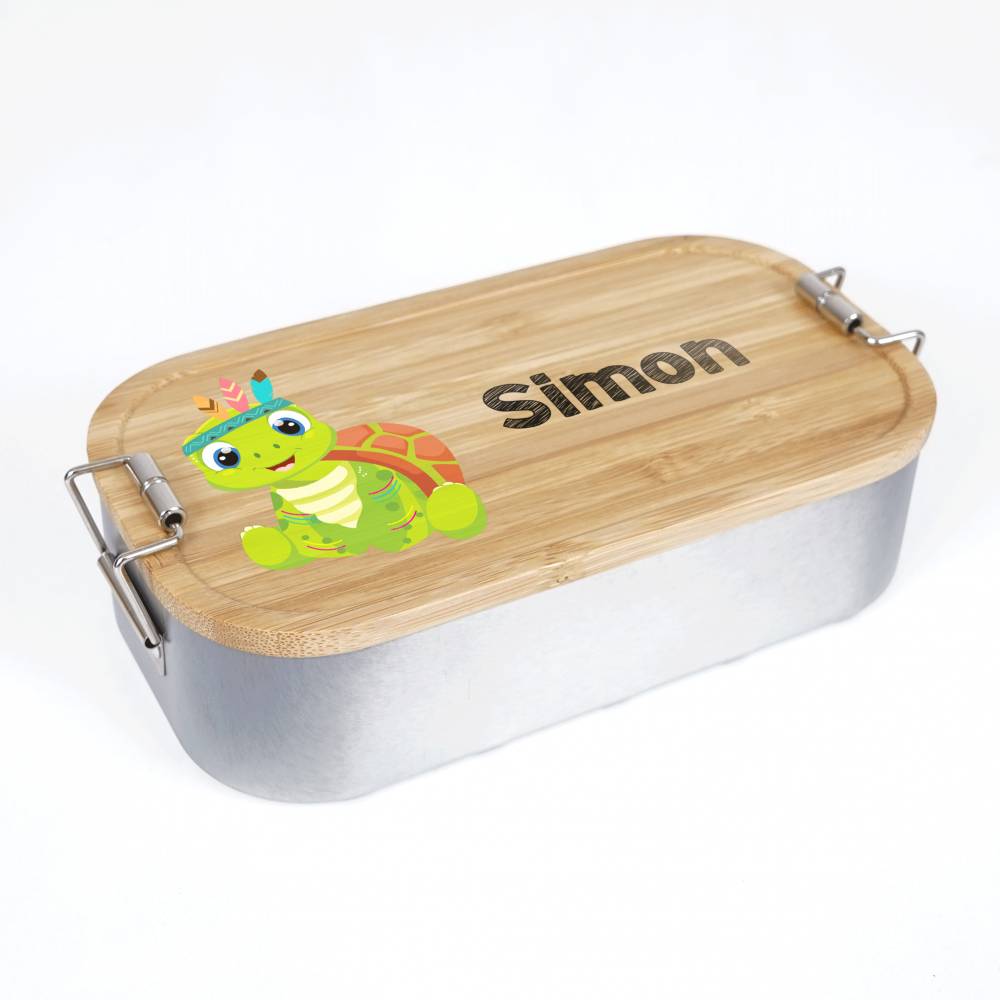 Lunchbox personalisiert, Brotdose für Kinder bedruckt mit Name, Brotbox für Kindergarten, Edelstahldose mit Bambusdeckel