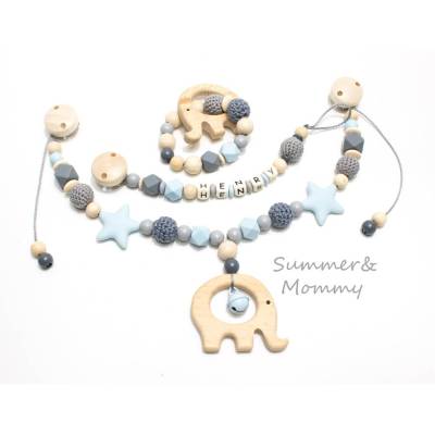 Kinderwagenkette Wagenkette einzeln oder als Spar Set Grau natur Holz Elefant Greifling Schnullerkette