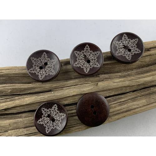 10 Holzknöpfe * 25 mm * mit aufgedruckter Schneeflocke * Snowflake * Dunkelbraun * Scrapbooking * Motivknöpfe * Blumenkn