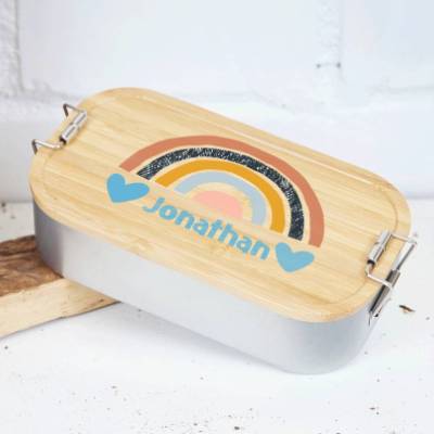 Lunchbox personalisiert, Brotdose für Kinder bedruckt mit Name, Brotbox für Kindergarten, Edelstahldose mit Bambusdeckel