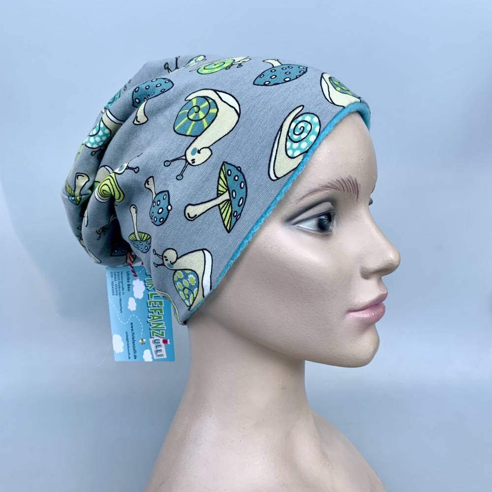 Kinder-Winter-Mütze, Long-Beanie mit Schnecke, Wendebeanie, Jersey mit Fleece gefüttert, Gr 53/54/55/56/57cm Bild 2