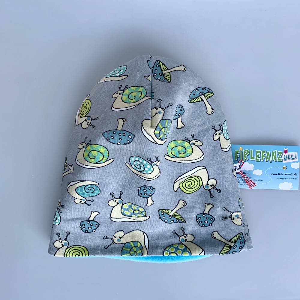 Kinder-Winter-Mütze, Long-Beanie mit Schnecke, Wendebeanie, Jersey mit Fleece gefüttert, Gr 53/54/55/56/57cm Bild 3