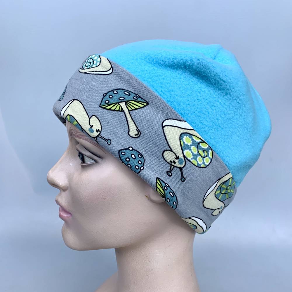 Kinder-Winter-Mütze, Long-Beanie mit Schnecke, Wendebeanie, Jersey mit Fleece gefüttert, Gr 53/54/55/56/57cm Bild 5