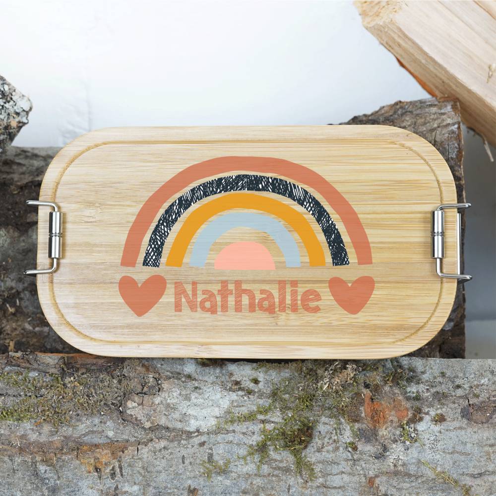 Lunchbox personalisiert, Brotdose für Kinder bedruckt mit Name, Brotbox für Kindergarten, Edelstahldose mit Bambusdeckel Bild 1