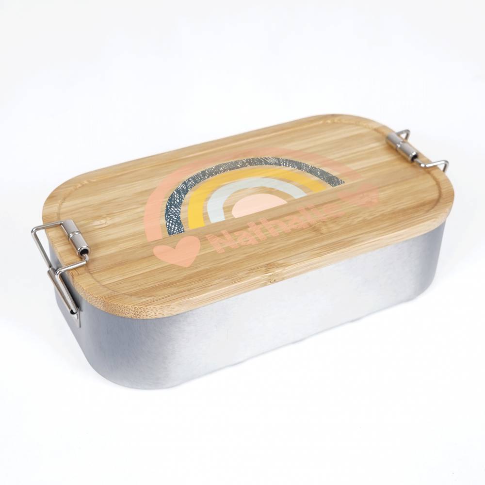 Lunchbox personalisiert, Brotdose für Kinder bedruckt mit Name, Brotbox für Kindergarten, Edelstahldose mit Bambusdeckel Bild 2