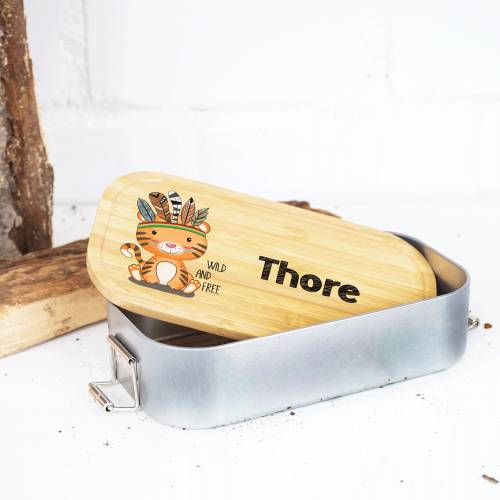 Lunchbox personalisiert, Brotdose für Kinder bedruckt mit Name, Brotbox für Kindergarten, Edelstahldose mit Bambusdeckel
