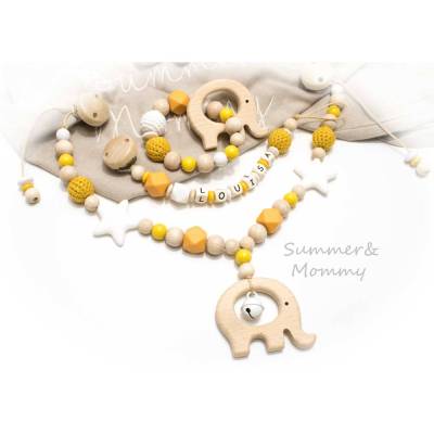 Kinderwagenkette Wagenkette einzeln oder als Spar Set Grau natur Holz Elefant Greifling Schnullerkette senf mais