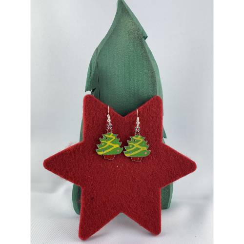 grünes Weihnachtsbäumchen m. gelber Girlande * Tannenbaum * Weihnachtsbaumohrringe * Weihnachtsohrringe * Hängeohrringe