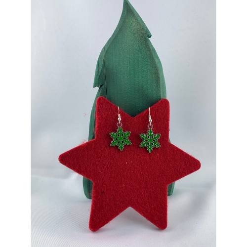 silberfarbene Schneeflocke, grün emailliert * Schneeflöckchen * Weihnachtsohrringe * Hängeohrringe * Winterohrringe * Ad