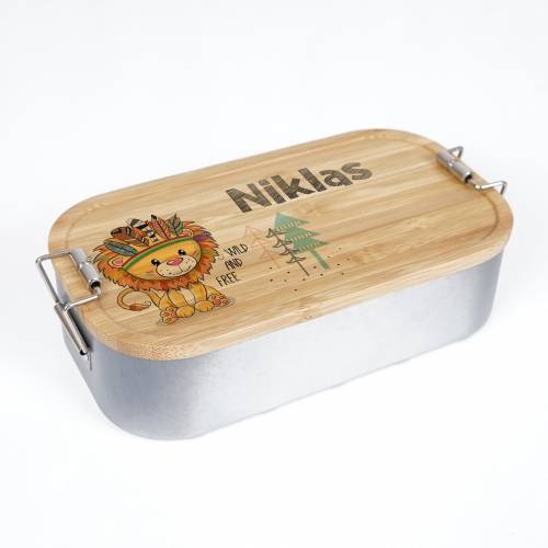 Lunchbox personalisiert, Brotdose für Kinder bedruckt mit Name, Brotbox für Kindergarten, Edelstahldose mit Bambusdeckel