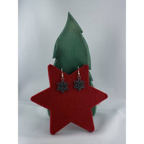 silberfarbene Schneeflocke, schwarz emailliert * Schneeflöckchen * Weihnachtsohrringe * Hängeohrringe * Winterohrringe *