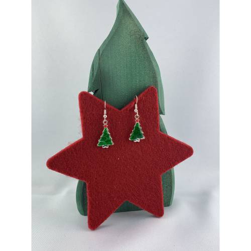grünes Weihnachtsbäumchen mit rotem Stern * Tannenbaum * Weihnachtsbaumohrringe * Weihnachtsohrringe * Hängeohrringe * C