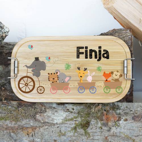 Lunchbox personalisiert, Brotdose für Kinder bedruckt mit Name, Brotbox für Kindergarten, Edelstahldose mit Bambusdeckel