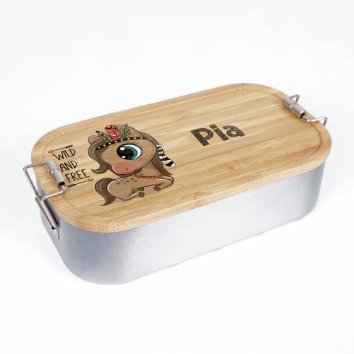 Lunchbox personalisiert, Brotdose für Kinder bedruckt mit Name, Brotbox für Kindergarten, Edelstahldose mit Bambusdeckel