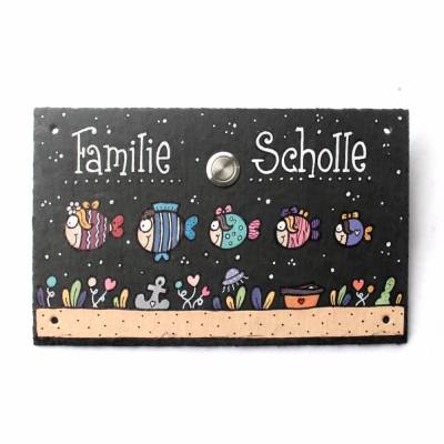 Klingelschild Namensschild Fische – Personalisiertes Familienschild aus Schiefer mit Klingeltaster und Wunschname