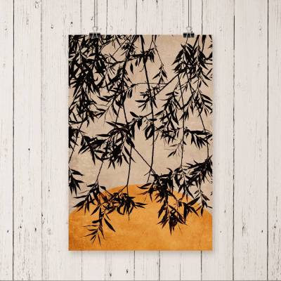 Sonnenmoment Kunstdruck in Orange und Braun mit Blätterranken, Minimalistische Wandkunst, Boho Deko, Fine Art Print