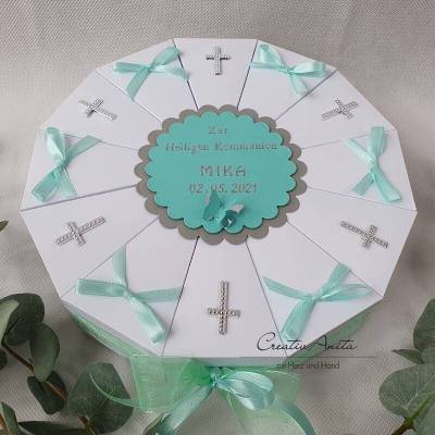 Torte Geldgeschenk Kommunion Konfirmation mit Kreuzen in MINT-WEIß