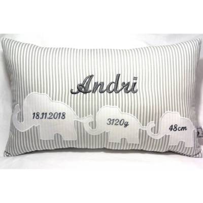 Personalisiertes Geburtskissen mit Namen, Gewicht & Größe – Geschenk zur Geburt/Taufe, bestickt mit Elefanten