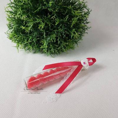 Gastgeschenk mit 5 Seifenherzen i. Reagenzglas Lotus - Pink