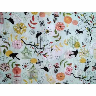 Dekostoff hellgrün mit Vögelchen, Käfigen, Blumen, 100% Baumwolle, Breite 1,40 m