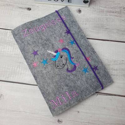 Zeugnishülle/Filzhülle/Zeugniseinband (A5) Einhorn