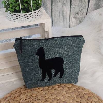 Kosmetiktasche S (Farbbeispiel blaugrün), Aufdruck Lama, Polstercanvas in 36 Farben