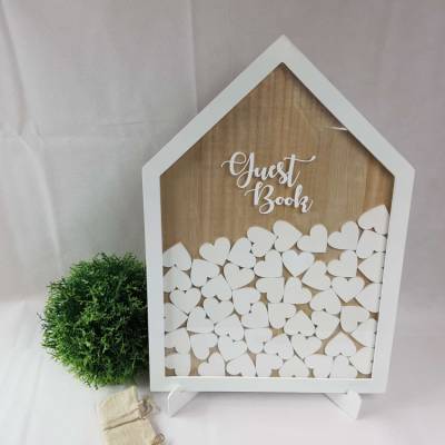 Gästebuch Guest Book in Hausform aus Holz in weiß mit Acrylglas und 50 Herzen zum Beschriften