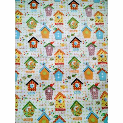 Dekostoff weiß mit Vogelhäuschen, Vögeln, Punkten und Herzen, 100% Baumwolle, Breite 1,38 m