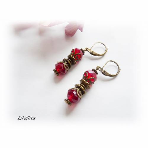 1 Paar Ohrhänger mit Glasrondellen im Vintage-Stil - Ohrringe,Geschenk,boho,rot,bronzefarben