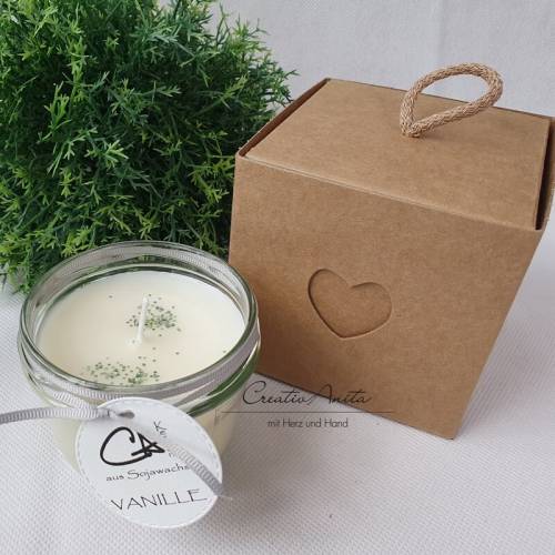 Handgegossene Sojawachskerze"Vanille" mit Bio-Glitter Grün inkl. Verpackung