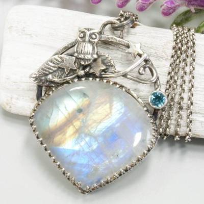 Mondstein, Swiss Blue Topas, Eule, Stern Anhänger, 925 Sterling Silber Kette