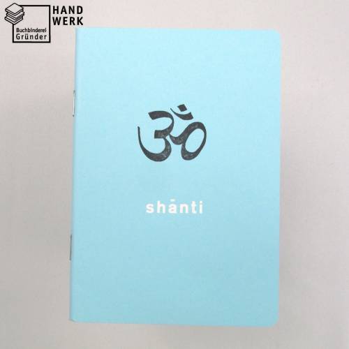 Notizheft, hell-blau, om shanti Frieden, DIN A6, handgefertigt, Recyclingpapier, Chakra