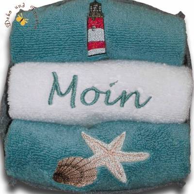 Gästehandtücher bestickt mit Leuchtturm Seestern und Moin 3er-Set Frotteetuch im grauen Filzkörbchen Deko Badezimmer