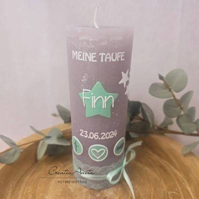 Taufkerze Rustik- Sterne grau-mint