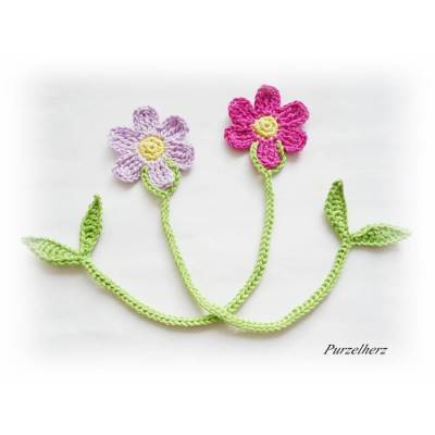 Gehäkelte Lesezeichen mit Blumen u. Blätter - 1x nach Wahl - Geschenk,Leseratten,fuchsia,flieder,gelb,grün 