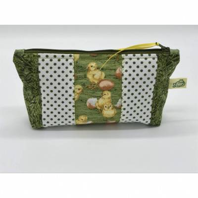 Kosmetiktasche, Schminktasche, Aufbewahrungstäschchen, Küken kombiniert mit Grüntönen, schönes Ostergeschenk