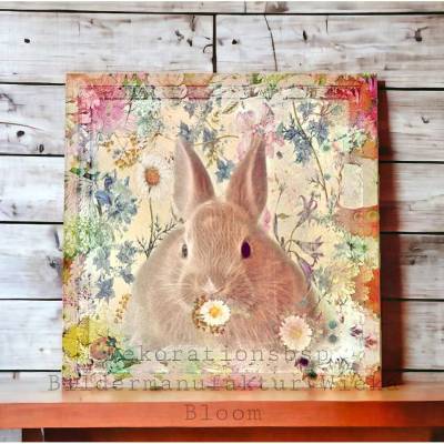 Waldtiere Blumenhäschen Wandbild auf Holz Leinwand Kunstdruck Bild Hase Landhausstil Shabby Chic Vintage Style kaufen