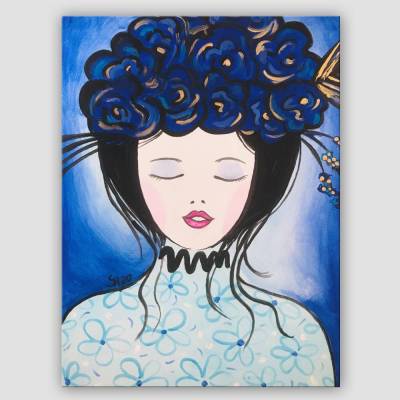 Blumenmädchen blau handgemalt, 40x30cm
