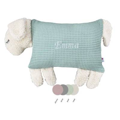 Kuscheltier Kissen "Schaf" aus Waffelpique, mit Namen personalisiert,  Geschenk zu Geburt, Taufe,  Geburtstag,