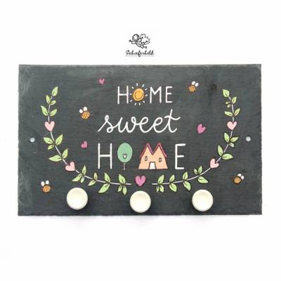 Schiefer Hakenleiste Schlüsselbrett  Home sweet Home handbemalt 3 Haken 3 Varianten Handlettering