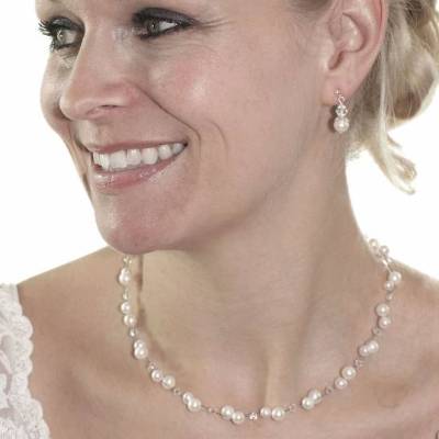 Schmuckset Perlen Brautschmuck Set, Kette echte Perlen, Süßwasserperlen Ohrringe Hochzeit, 925 Silber, Swarovski Strass