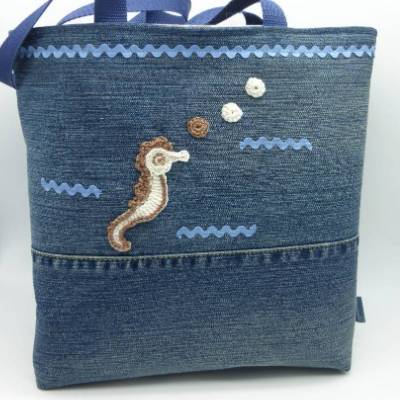 Strandtasche 'Seepferdchen', Jeanstasche, Handarbeit, Upcycling-Unikat, hessmade