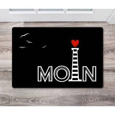 Fußmatte Moin mit Leuchtturm und Möwe, Geschenke für Meer-Liebhaber, Norddeutschland Gruß, Matte Hauseingang 40 x 60 cm 