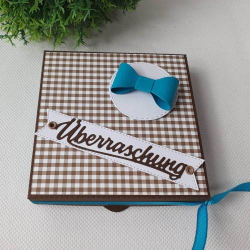 Geschenkverpackung Pizzabox Braun-Weiß-Türkis "Überraschung" - Geldgeschenk, Gutscheinverpackung