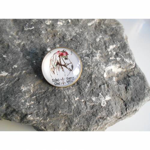 Bronze Pferd Brosche 30 mm  rund mit Glascabochon