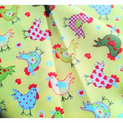 Baumwollstoffstoff gelb mit Hühner, Blumen, Herzen, 100% Baumwolle, Breite 1,50 m