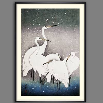 Japanische Kunst - Reiher Vogelbild -  Kunstdruck Poster Druck  -  Vintage Bild - Holzschnitt - Geschenk