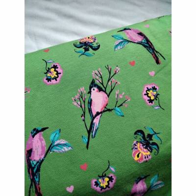 French-Terry Sweatshirtstoff grün mit Vögeln und Blumen, Breite 1,55 m